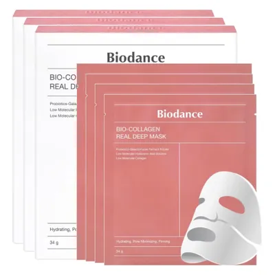 A stack of Biodance Bio Collagen Real Deep Masks with a single mask and face illustration in the foreground.