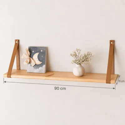 Image de leg&go Étagère flottante 90x15cm, en bois avec lanières en cuir, étagère murale