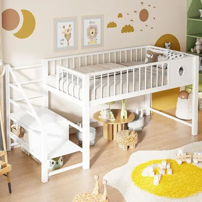 Produktbild von Niedriges Hochbett 90x200cm aus Metall und MDF mit Aufbewahrungsleiter, weißes Kinderbett mit Stauraum unter dem Bett für Kinder und Jugendliche
