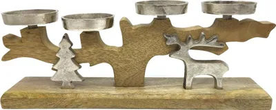Produktbild von Kerzenhalter aus Holz und Metall 16 x 41cm braun silber mit Tanne und Reh