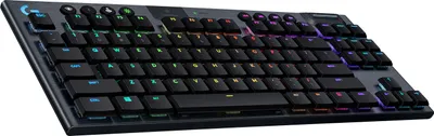 A black and gray mechanical keyboard with RGB lighting.