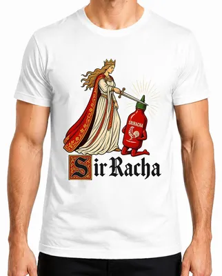 Imagen del producto de Camiseta para hombre, blanca, talla S, con diseño de la salsa picante "Sir Racha", con motivos medievales y un toque de sarcasmo