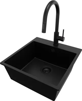 A black kitchen sink with a black faucet against a white background.