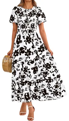 Productafbeelding van PRETTYGARDEN Dames zomerjurk, casual, korte mouwen, boho-stijl, bloemenprint, maxi-jurk, ronde hals