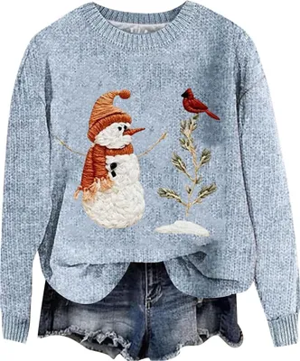 Produktbild von ASKSA Damen Lustige Weihnachtspullover Strickpullover Winter Rundhals Pulli Christmas Sweater Langarm Oberteile Warm Weihnachtspulli,A-Blau,S