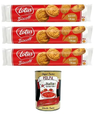 Produktbild von Lotus Biscoff Sandwich Zwei knusprige karamellisierte Kekse, gefüllt mit Sahne mit Biscoff-Geschmack 3x150 g+ Italian Gourmet polpa 400g