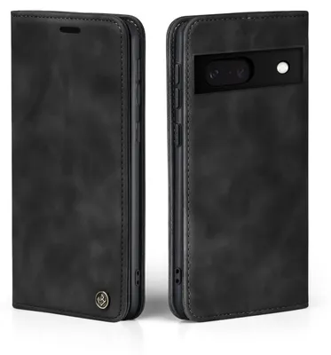 A black flip case for a Google Pixel 7a phone, shown from two angles.