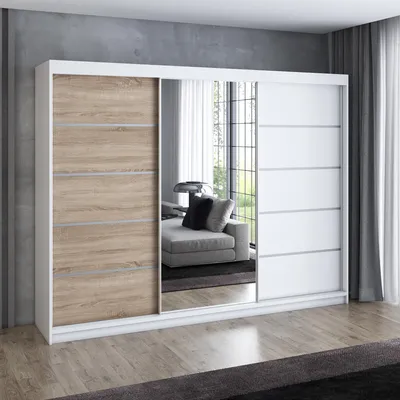 Produktbild von Schwebetürenschrank 200 cm, 3-türig, mit Spiegel & 4 Schubladen, Retro-Stil, Kleiderschrank VILUNO 1   Weiß /Sonoma /Weiß