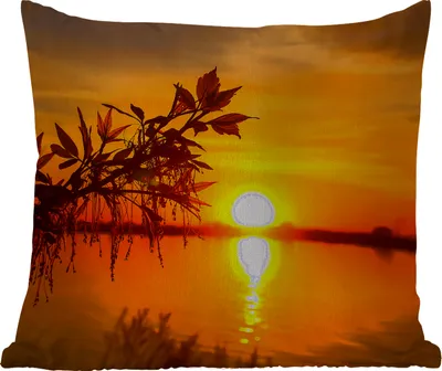Produktbild von MuchoWow® Outdoor Kissen - Sonnenuntergang - Wasser - Pflanzen - Orange - 50x50 cm - Wetterfest - Lounge Kissen - Komfortabel - Kissen mit Bild