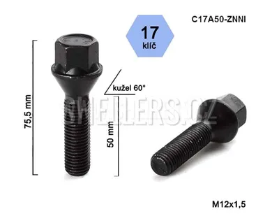 Obrázok produktu pre Skrutka kolesa M12x1,5x50 s kužeľom, kľúč 17, C17A50-ZNNI, čierna, výška 75,5 mm