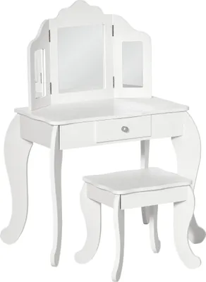 Image de HOMCOM Coiffeuse Enfant avec Tabouret, Miroir triptyque et tiroir Coulissant - Coiffeuse dim. 63L x 40l x 85,5H cm - Blanc Acrylique