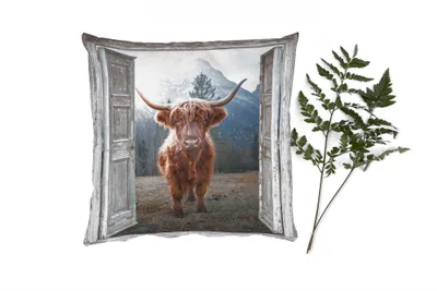 Produktbild von MuchoWow® Zierkissen Sofakissen Wohnzimmer Dekokissen 60x60 cm Schottisches Hochlandrind - Kuh - Ländlich - Ansicht - Sitzfläche - Foto Polster