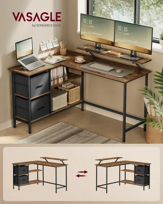 An L-shaped desk with a monitor riser and storage drawers.