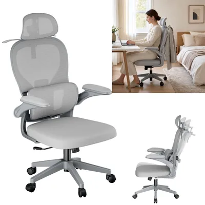 Produktbild von JOIEYOU Ergonomischer Bürostuhl Netzgewebe 125° Wippfunktion 4D Kopfstütze Lendenstütze Klappbare Armlehnen Kleiderhaken 150kg Grau