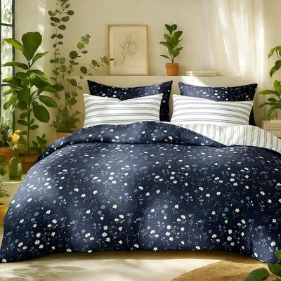 Produktbild von Bettwäsche 155x220 cm Marineblau Weiß Blumen Blätter Wendebettwäsche Gestreift mit Reißverschluss und 1 Kissenbezug 80x80