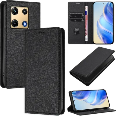 Image de Etui en cuir pour Infinix Note 30 Pro 4G, cuir Litschi, étui portefeuille avec fentes pour cartes et support Noir