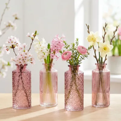 Produktbild von 4er Set Vase Rosa H14cm Glas Blumenvase Tischdeko Frühling Blumendeko Glasvase Dekovase Flaschenvase Trockenblumen