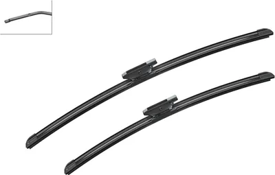 Two black windshield wiper blades are shown diagonally against a white background.
