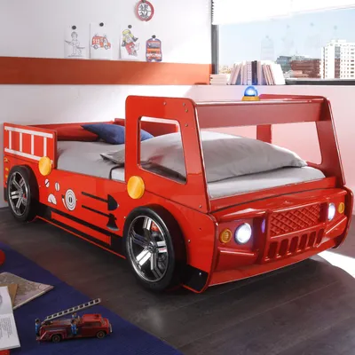 Produktbild von Feuerwehrbett Spark MDF rot Lack m. Beleuchtung 108/90-99/219 cm batteriebetriebene LED - Blaulicht