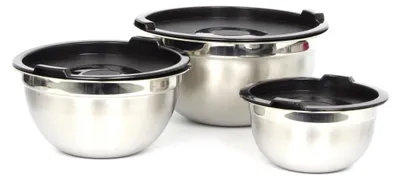 Immagine prodotto di Set di 3 ciotole in acciaio inossidabile con coperchio, impilabili, colore argento/nero
