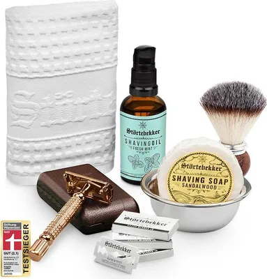 Produktbild von Störtebekker Rasurpflege Set Premium - Mit Rasierhobel (Rosé) & Leder-Etui (Café), Rasierpinsel, Rasierschale, Rasiertuch, Rasieröl & Rasierseife