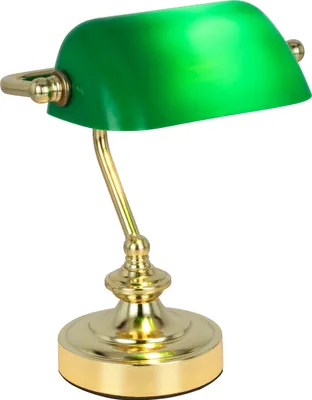 A desk lamp with a green shade and a gold base.