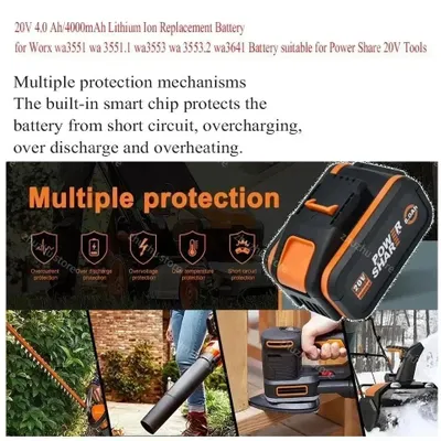 Immagine prodotto di Batteria da 20V e 8,0Ah per utensili elettrici - Batteria di ricambio agli ioni di litio - Ricaricabile - Compatibile con Worx WA3553, WA3551, WX176, WX550, WX386, WX373, WX290, WX800, WU268 - 1 pezzo