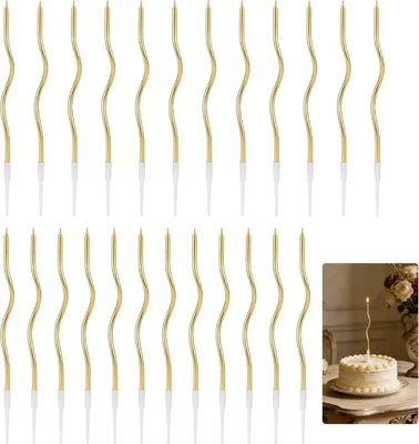 Image de 24 bougies d'anniversaire, en spirale, dorées, métallisées, longues et fines, avec supports, décoration élégante pour gâteau, avec pied, idéal pour les fêtes et les mariages