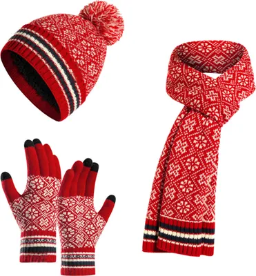 Produktbild von 3-in-1 Strickmütze Handschuh Schal für Damen und Herren Winterset, Wintermütze Schal für Damen und Herren Touchscreen Handschuhe