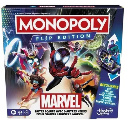 The image shows the front of a Monopoly Marvel Flip Edition board game box, featuring various Marvel superheroes.