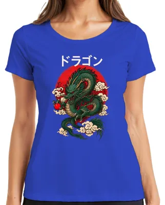 Immagine prodotto di Maglietta da donna con stampa di un drago giapponese, stile anime/manga, ispirata al Giappone retrò e allo stile Y2K, con colori verde, blu, taglia 3XL