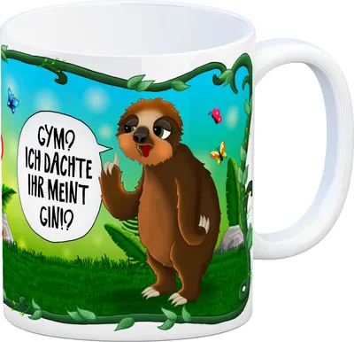 Produktbild von Kaffeebecher mit Faultiere beim Sport Motiv und Spruch: Gym? Ich dachte ihr