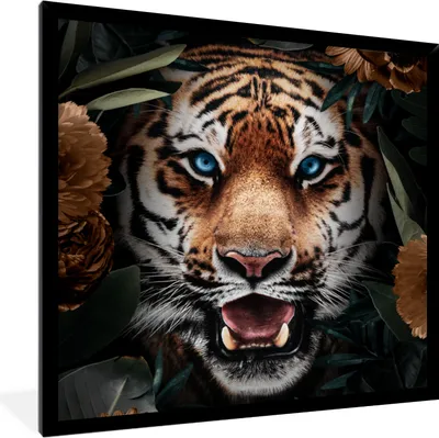 Produktbild von MuchoWow® MuchoWow® Gerahmtes Poster Tiger - Blatt - Blumen 40x40 cm - Poster mit zchwarzem Bilderrahmen - Mit Rahmen - Wanddekoration Schlafzimmer