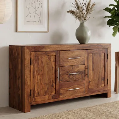 Immagine prodotto di FineBuy Credenza in legno massiccio di Sheesham 120 cm 2 ante e 3 cassetti - Credenza in legno massiccio retrò - Credenza di design naturale - Fatta a mano