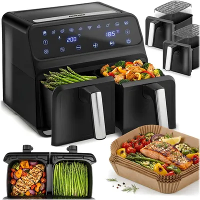 Produktbild von Heißluftfritteuse XXL 8l Doppelkammerfritteuse Berdsen BD-653 schwarz und silber
