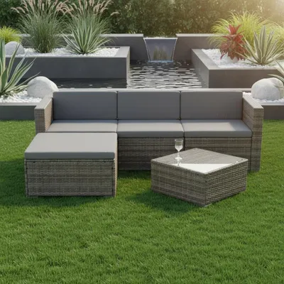 Produktbild von Polyrattan Lounge Sitzgruppe 5-teilig Ecksofa, Tisch & Ottomane, Braun