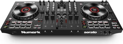 A professional studio shot of a black DJ controller on a white background.