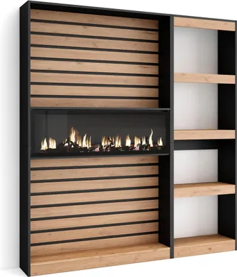 A modern shelving unit with a built-in electric fireplace, featuring wood-look slats and black framing.
