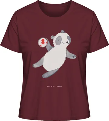 Produktbild von Mr. & Mrs. Panda Oberteil Damen Panda Handball spielen Größe S - Burgundy - Geschenk, shirt, Club, Kurzarmshirt, T-Shirt, Verein, Turnier, Baumwoll