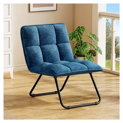 Produktbild von Klappstuhl für Wohnzimmer, Loungesessel, Ohrensessel, Lesesessel mit Aufbewahrungstasche, Einzelsofa für Schlafzimmer und Arbeitszimmer, klappbar, mit Griff und Metallrahmen, bis 150 kg, Blau