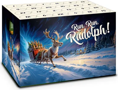 A Christmas-themed advent calendar box with a reindeer pulling a sleigh full of beer bottles.