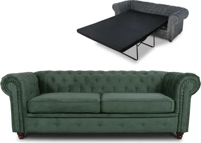 Produktbild von Schlafsofa Chesterfield Asti Bis 3-Sitzer, Sofa mit Schlaffunktion, Couch 3-er, Couchgarnitur, Sofagarnitur, Holzfüße - Glamour Design (Grün (Capri 74))