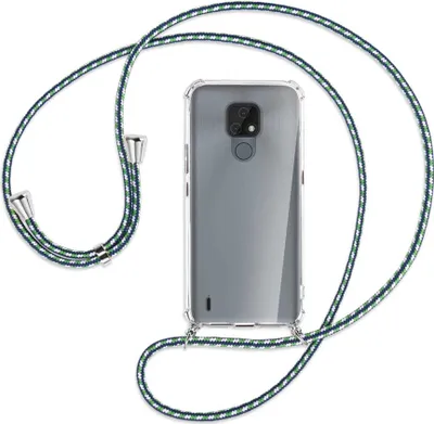 Produktbild von Handykette Backcover-Schutzhülle mit Band (Metall silberfarben) für Motorola Moto E7 - grün/blau/weiß
