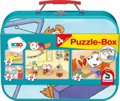 Productafbeelding van Bobo Siebenschläfer puzzelbox in een metalen koffer (2 sets van 26 stukjes, 2 sets van 48 stukjes)
