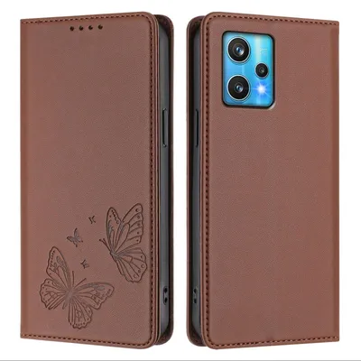 Produktbild von Lederhülle für Realme 9 4G/Realme 9 Pro+ 5G, Schmetterling Prägung Leder Brieftasche Schutzhülle mit Ständer Braun
