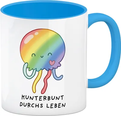 Produktbild von Jelly & Friends Regenbogen-Qualle Kaffeebecher in hellblau mit Spruch