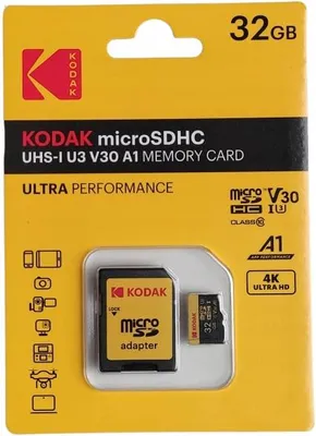 Zdjęcie produktu dla KODAK microSDHC 32GB UHS-I U3 V30 A1 – Karta pamięci 4K + Adapter SD