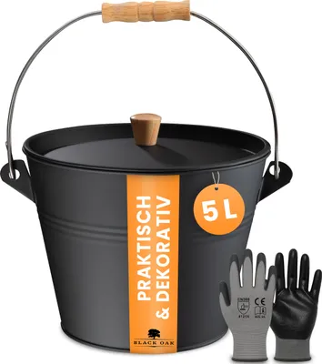 Produktbild von BLACK OAK Ascheeimer PAGO 5L – Schwarz mit Deckel, Holz-Griff & Handschuhen – feuerfest