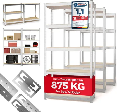 Produktbild von GENTOR Schwerlastregal, verzinkt, 175 kg, 5 Böden, 180x90x40 cm, Silber, 3er Set für Lager, Garage & Werkstatt, einfacher Aufbau