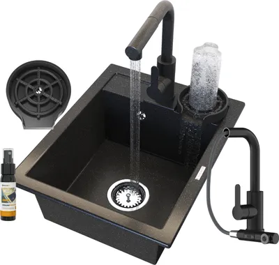 Obrázek produktu pro Granitan | Žulový dřez – BEST – 1 vanička – s černou baterií – se sifonem – černý – 50 x 40 cm